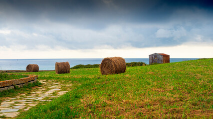 Típico paisaje gallego con el forraje de heno prepatrado en el campo