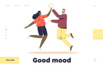 Good mood concept of landing page with happy cheerful man and woman jumping up giving high five
