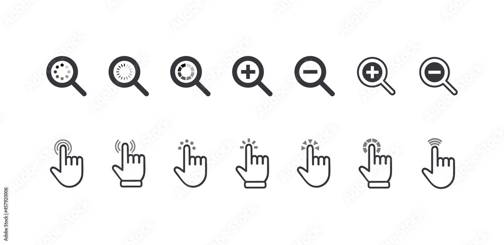 Poster set of icons cursor pointers, click finger and magnifier zoom symbols. graphic elements for website 