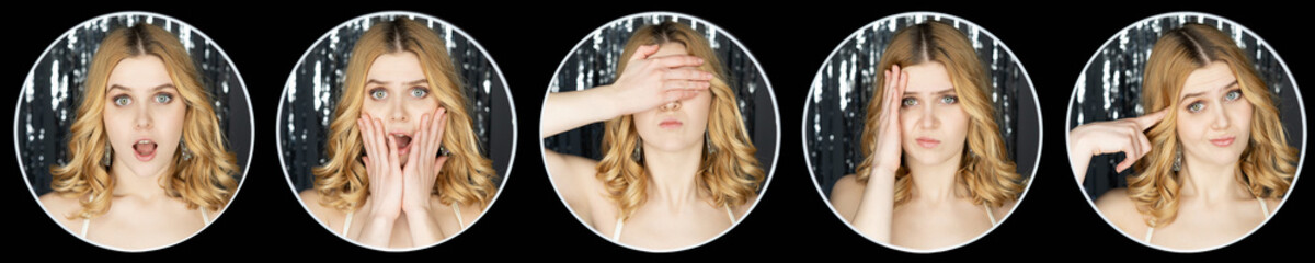 Christmas collage. Female portrait. Human expression. Party photo. Pretty woman showing shocked surprised blind skeptic stupid emotion silver cascade curtain background black circle frame wide ledge.