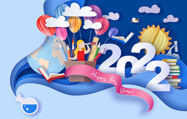 2022 New Year design card with kids on blue background.