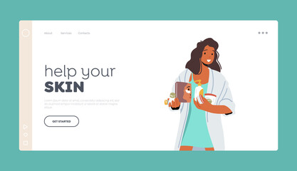Skin Care Landing Page Template. Young Woman Applying Beauty Procedures. Female Character in Moisturizing, Bath Hygiene