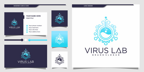 Minimalist virus laboratory logo design with unique line art concept and business card design Premium vekto