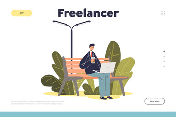 Freelance concept of landing page with freelancer worker man sit with laptop and coffee on bench