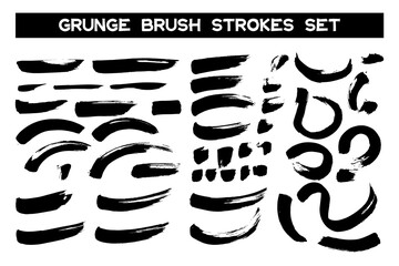 Set of black ink brush strokes, spots. Chinese calligraphy black brushes line isolated on white background. Dirty abstract grunge artistic design element for poster, banner, flyer. Vector illustration
