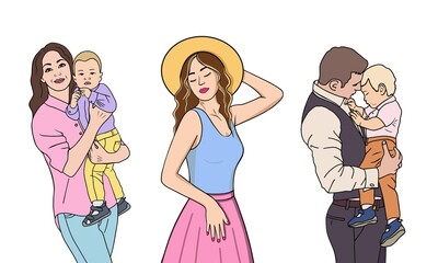 Set of different people, young girl, mother with son , father and child. Vector illustration.