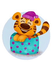 Cute cartoon smiling Tiger baby sitting in a gift box. Merry Christmas and Happy New year! Design for greeting cards, postcards, prints