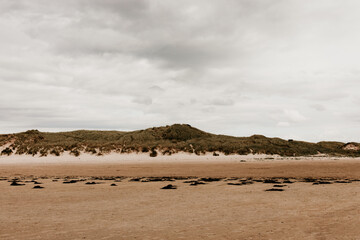 Landscape with cloudy sky in Ireland. Seashore with sandy beach and and grass on the hill. 