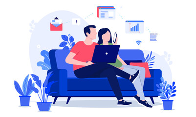 Workaholic at home - Man working from sofa at home with. Working all the time concept. Vector illustration with white background.