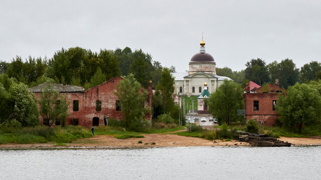 Russia. Myshkin town. Ruins of the Shuvalovs' house, Nikolskaya chapel and Nikolsky Cathedral