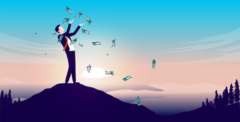 Money freedom - Man outdoors throwing money in air, being happy and feeling free. Economic independence and financial freedom concept. Vector illustration.