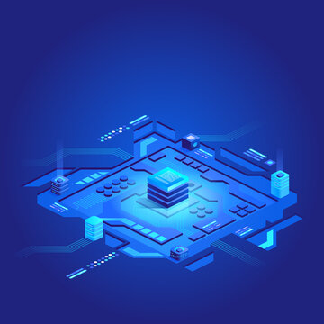 Futuristic circuit board. Data transmission technology. Concept big data processing center, cloud database, server energy station future. Synchronizing personal information. Abstract finance data
