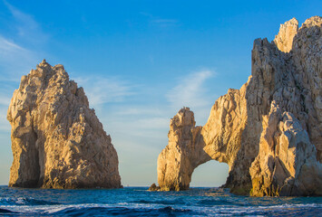 Closeup view of  the Arch and surrounding rock formations at Lands End in Cabo San Lucas, Baja...