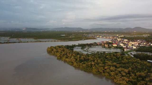 Aerial sunset hour at Sungai Udang in evening hour