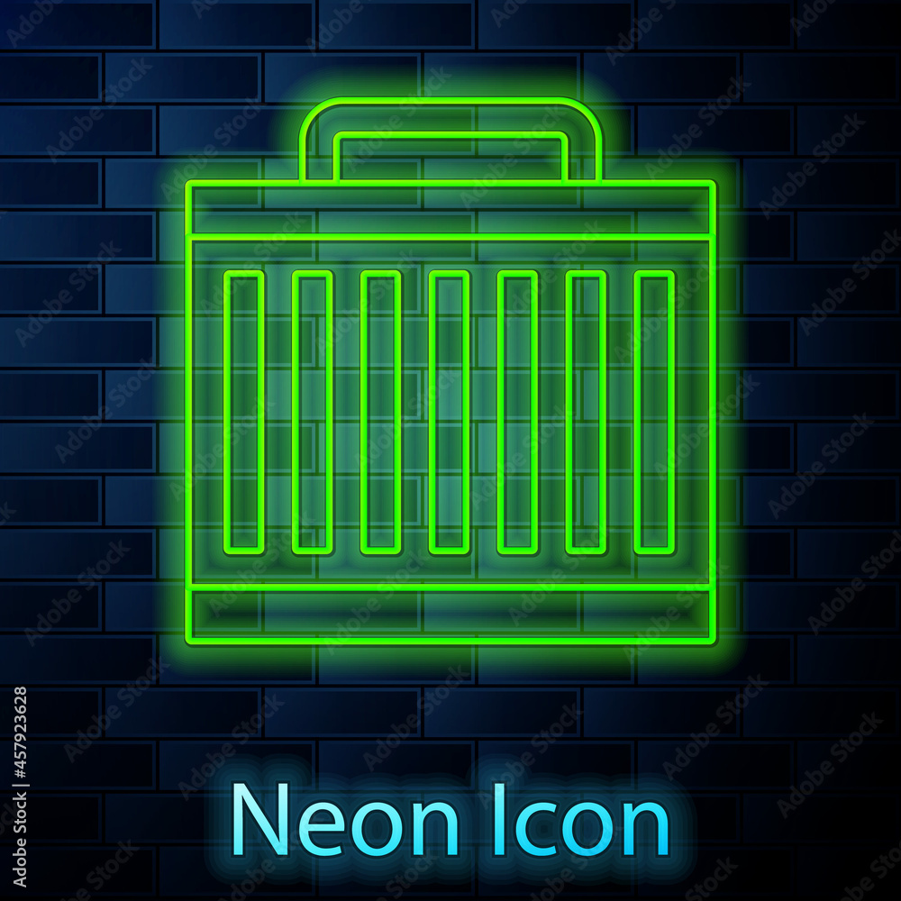 Sticker Glowing neon line Car radiator cooling system icon isolated on brick wall background. Vector