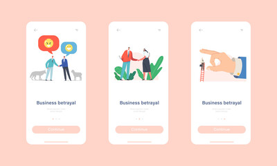 Business Betrayal Mobile App Page Onboard Screen Template. Characters with Knives Shake Hands, Sheep and Wolf Friendship
