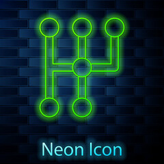 Glowing neon line Gear shifter icon isolated on brick wall background. Transmission icon. Vector