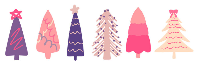 Collection of Christmas trees and fir trees, modern flat design. A set of unusual colored Christmas trees. Pink, lilac, beige. For printed products - leaflets, posters, business cards or for the web.