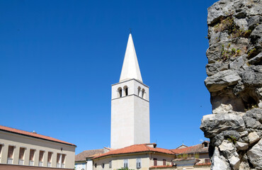 Tower of Euphrasian Basilica in Porec, Istria, Croatia. 