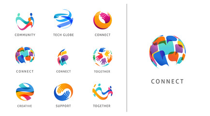 Logo set, creative, technology, biotechnology, tech icons concept design. Colorful abstract logos of creativity, community, ideas and support 