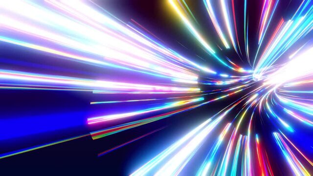 3d vj loop, abstract background with futuristic flow of multicolor glow lines. Light streaks fly pass camera or flight through data flow. Neon glowing rays in motionHi tech light flow. Speed of light.