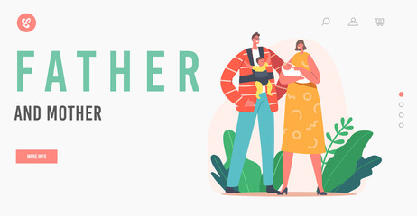 Obraz na płótnie Canvas Mother and Father with Little Kids Landing Page Template. Parenting, Loving Mom and Dad Concept. Young Family Characters