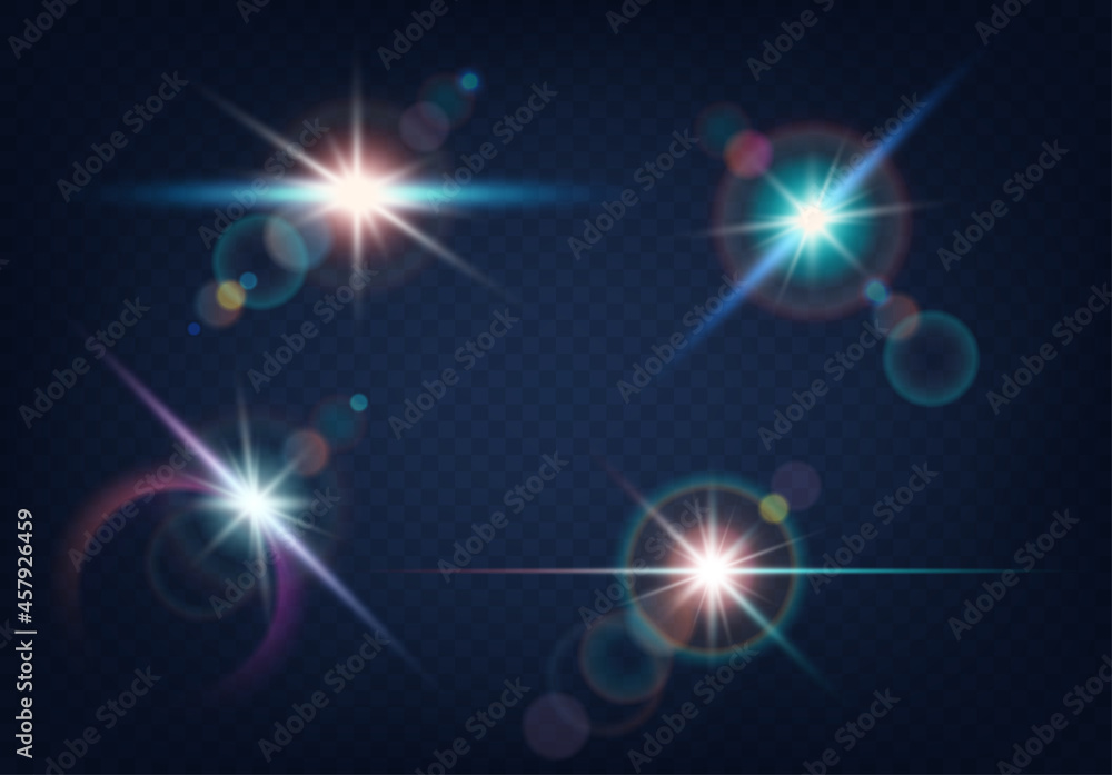 Wall mural set of realistic light glare, highlight with blurred bokeh effect on blue background