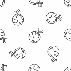 Grey line Planet with flag icon isolated seamless pattern on white background. Victory, winning and conquer adversity concept. Vector