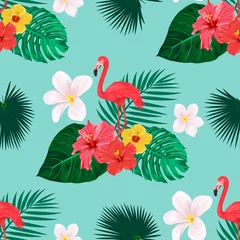 Fotobehang Seamless Pattern with Flamingo Bird, Tropical Leaves and Flowers. Repeated Tropical Background. Flat Vector Illustration. Africa, Savannh, Exotic, Summer, Flamingo Pattern. Tropic Concept © gomolach
