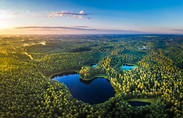 Aerial view of sunrise over a pine forest with lake. Foggy and colorful morning in countryside. - obrazy, fototapety, plakaty