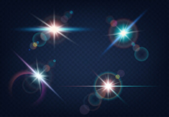 Obraz premium Set of realistic light glare, highlight with blurred bokeh effect on blue background