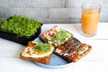 Varied breakfast, appetizer wholegrain bread sandwiches, toasters with cream cheese, radish, avocado, tomatoes, shrimp, egg, micro greens on a light background, top view, vertical photo