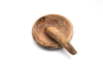 Wooden mortar and pestle (Cobek and Ulekan) is an Indonesian Kitchen utensil for making Sambal or spicy sauce. Mortar and pestle isolated on white background.