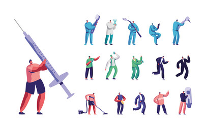 Set of Male Characters with Medicine Stuff, Tiny Men with Huge Syringe, Drill Machine, Toothbrush and Dentist Mirror