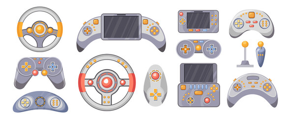 Set of Videogame Joysticks. Consoles, Gamepads for Playing Video Games, Wireless Gaming Gadgets, Gamepad, Steering Wheel © Anna Syvak