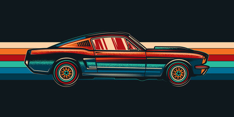 Original vector illustration of a vintage car on a retro background. T-shirt design.  - obrazy, fototapety, plakaty