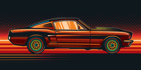 Original vector illustration in retro style. American muscle car on a bright background in the style of 80-90's - obrazy, fototapety, plakaty