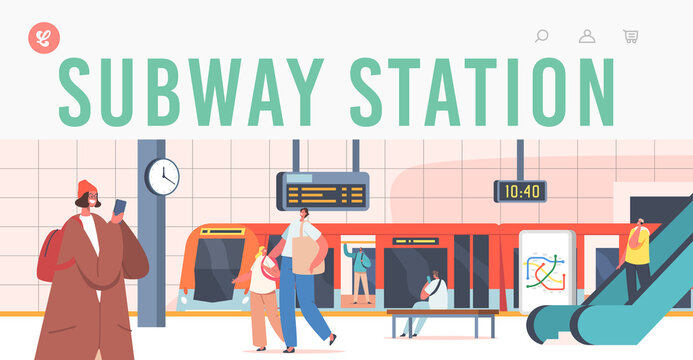 Subway Station Landing Page Template. People on Platform with Train, Escalator, Map and Digital Display. Public Metro