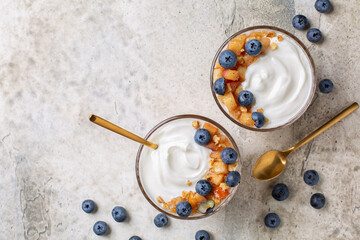 Greek yogurt with caramelized cinnamon apples and blueberries. Top view, copy space.
