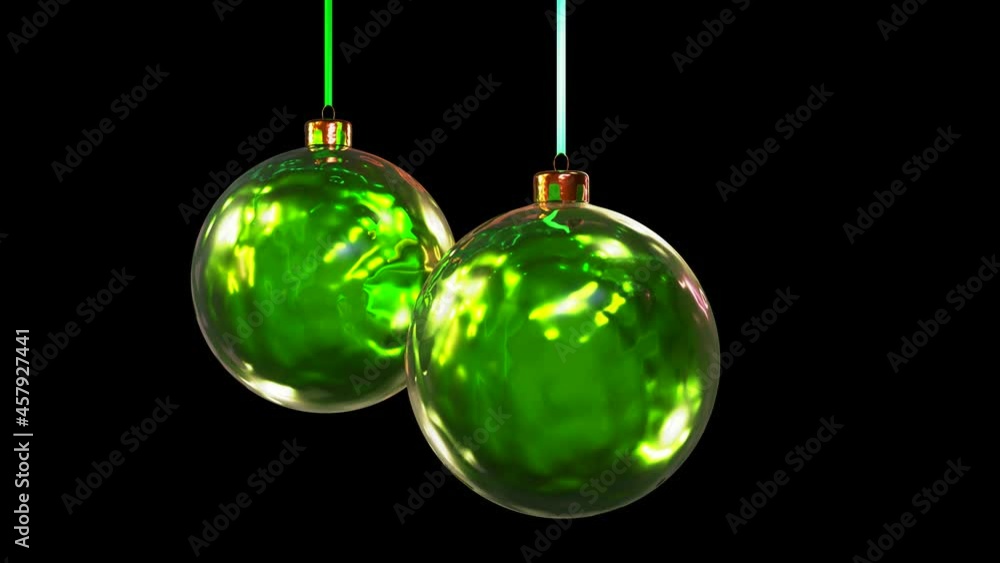 Poster realistic looping 3d animation of two hanging green metallic orbital spinning textured fancy christm