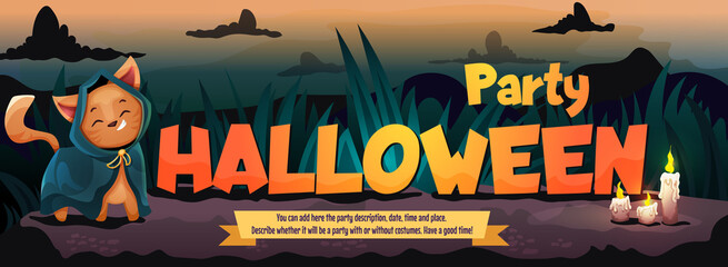 Fototapeta premium Halloween Cute Cat Costume Party. Template for Invitation flyer with text. Vector cartoon illustration.