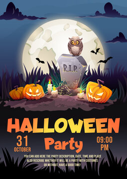 Halloween party poster with gravestone tomb, old owl and scary pumpkins in cemetery with full moon background. Template for Invitation flyer with text. Vector cartoon illustration.