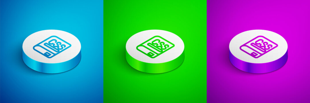 Isometric line Books about programming icon isolated on blue, green and purple background. Programming language concept. PHP, CSS, XML, HTML, Javascript learning. White circle button. Vector