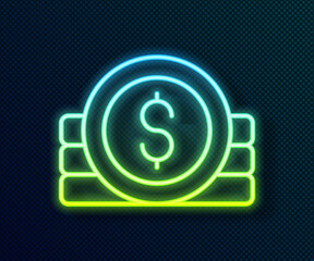 Glowing neon line Ancient coin icon isolated on black background. Vector