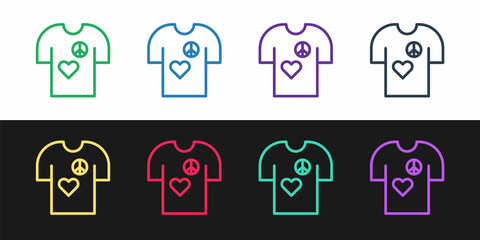 Set line Peace symbol t-shirt print stamp icon isolated on black and white background. Vector