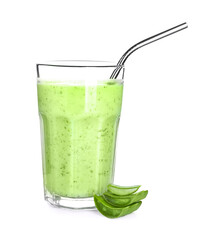 Glass of healthy aloe juice on white background