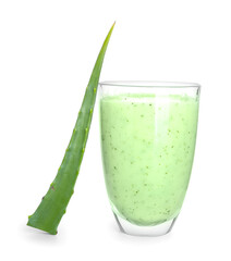 Glass of healthy aloe juice on white background