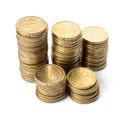 Golden coins on white background