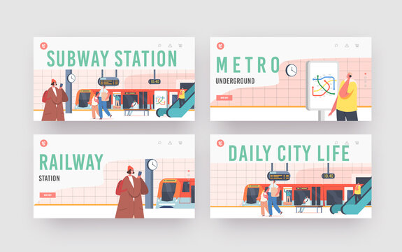 Subway Station Landing Page Template Set. People on Platform with Train, Escalator, Map, Clock, Digital Display, Metro