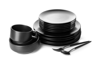 Set of black clean dishes on white background